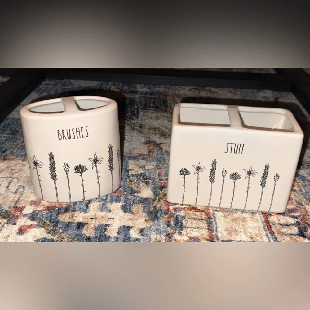 SALE~~NEW Rae Dunn Ceramic Bathroom Bath Set ‘Brushes’ & ‘Stuff’ Holders